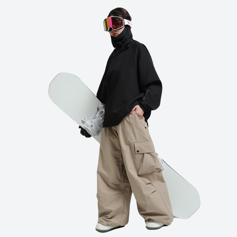 Men's adjustable snowboard cargo pants with gaiters - tan cargo snow pants with black top, for cold-weather winter sports