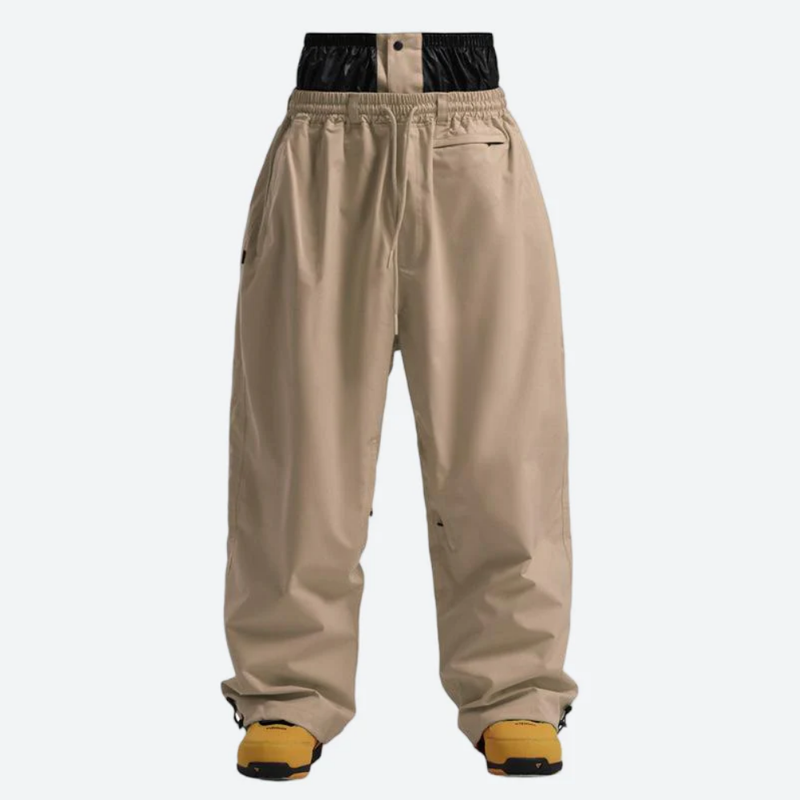 Men's breathable 2L snowboard jacket and pants - tan snow pants, on-model front view, for skiing and snowboarding