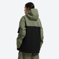 
                  
                    Women's colorblock ski pullover set - olive green and black colorblock, on-model back hood view, for skiing and snowboarding
                  
                