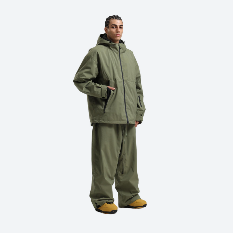 Men's breathable ski jacket with wide-leg pants - olive green jacket with olive pants, for resort and street wear