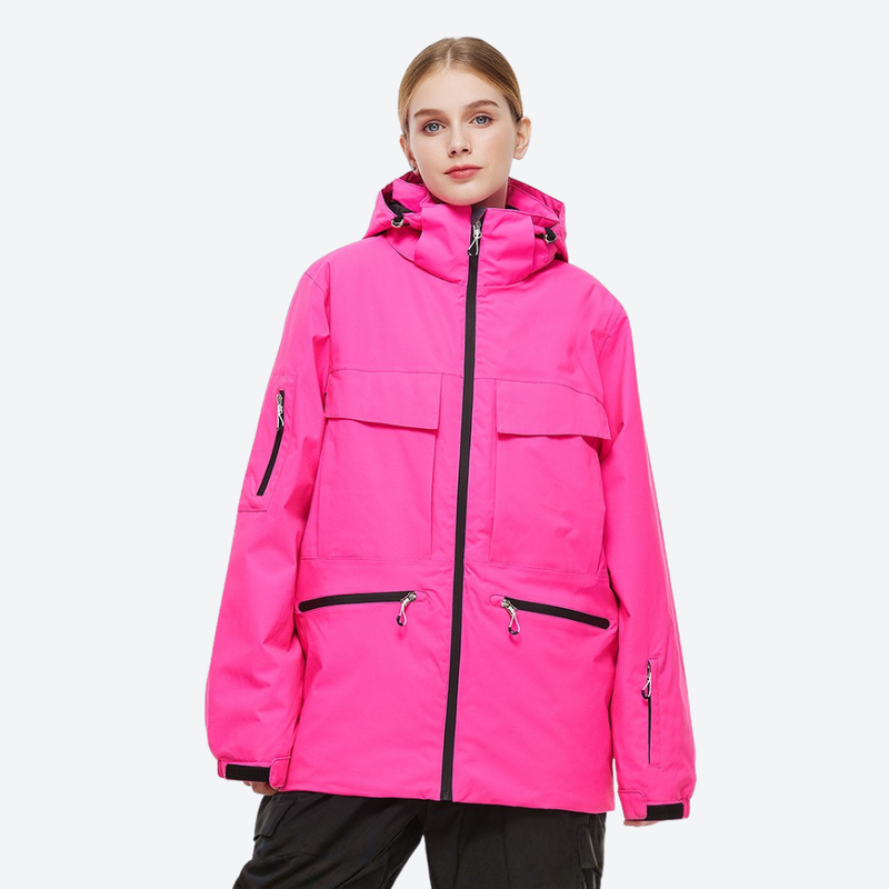 Women's 2-layer snowboard jacket and pants - pink jacket, on-model front view, for powder days and winter commute