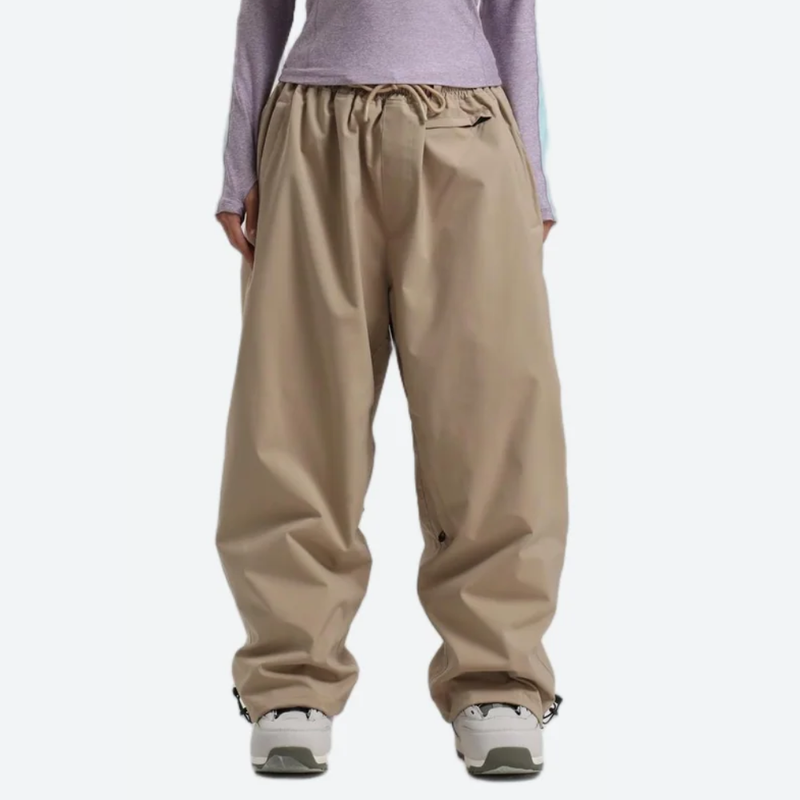 Women's waterproof 2L snow jacket and pants - tan snow pants with lavender top, for resort and street wear