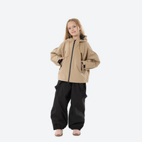 
                  
                    Kids 3L waterproof snow jacket and pants suit - tan jacket with black pants, for youth snow play and sledding
                  
                