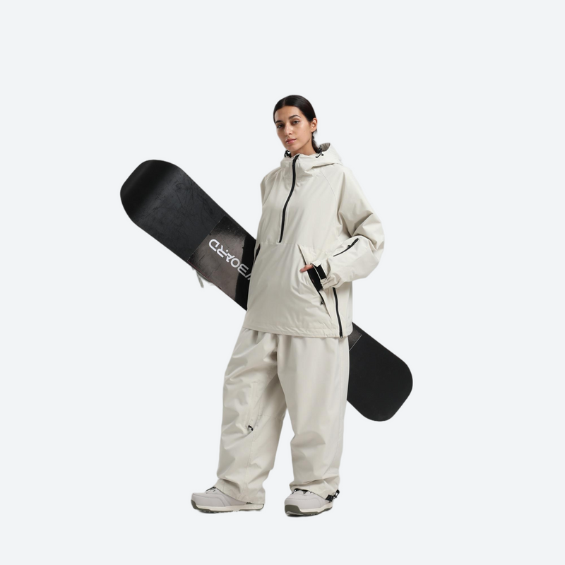 Women's 2-layer snowboard jacket and pants - cream anorak jacket with cream pants, for cold-weather winter sports
