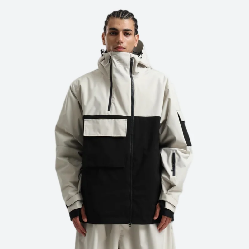 Men's breathable 2-layer snowboard jacket and pants - cream and black colorblock, for cold-weather winter sports