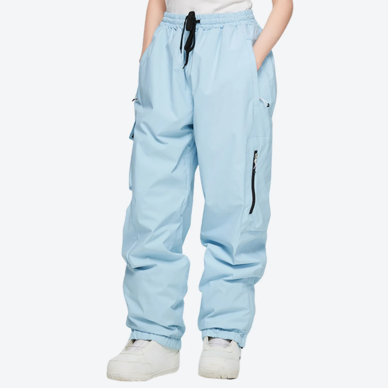 Men's breathable ski jacket with cargo pants - ice blue snow pants, on-model front view, for resort and street wear