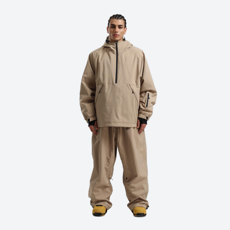 Men's 2-layer snowboard anorak and wide-leg pants - tan jacket with tan pants, for powder days and winter commute