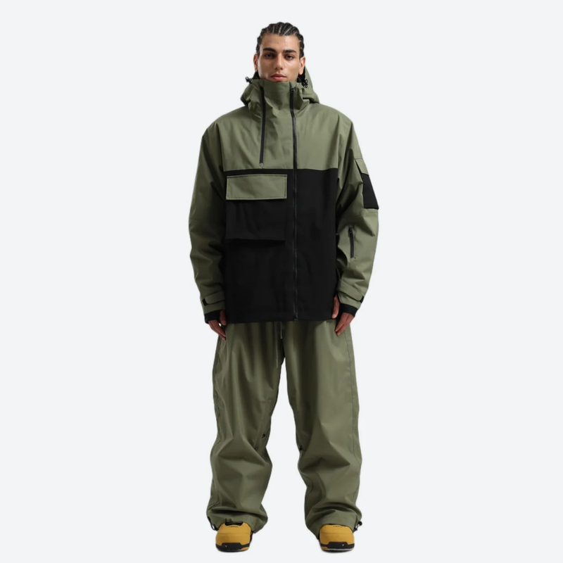 Men's waterproof 2L snow jacket and pants - olive green and black colorblock jacket with olive pants