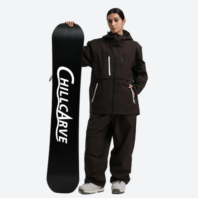 Women's breathable ski jacket with chest zip pockets - coffee brown jacket with coffee pants, for cold-weather winter sports