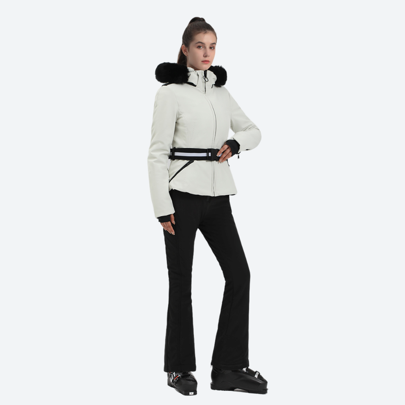 Women's waisted waterproof ski jacket - white slim fit ski jacket with fur collar, for resort ski days