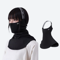 
                  
                    Breathe neckwarmer facemask with breathable fabric - black facemask on women in white top with inset, worn top view
                  
                