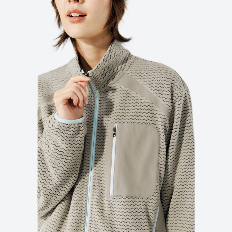Breathable honeycomb knit fleece jacket with full zip - beige honeycomb fleece jacket on women, for layering in cool weather