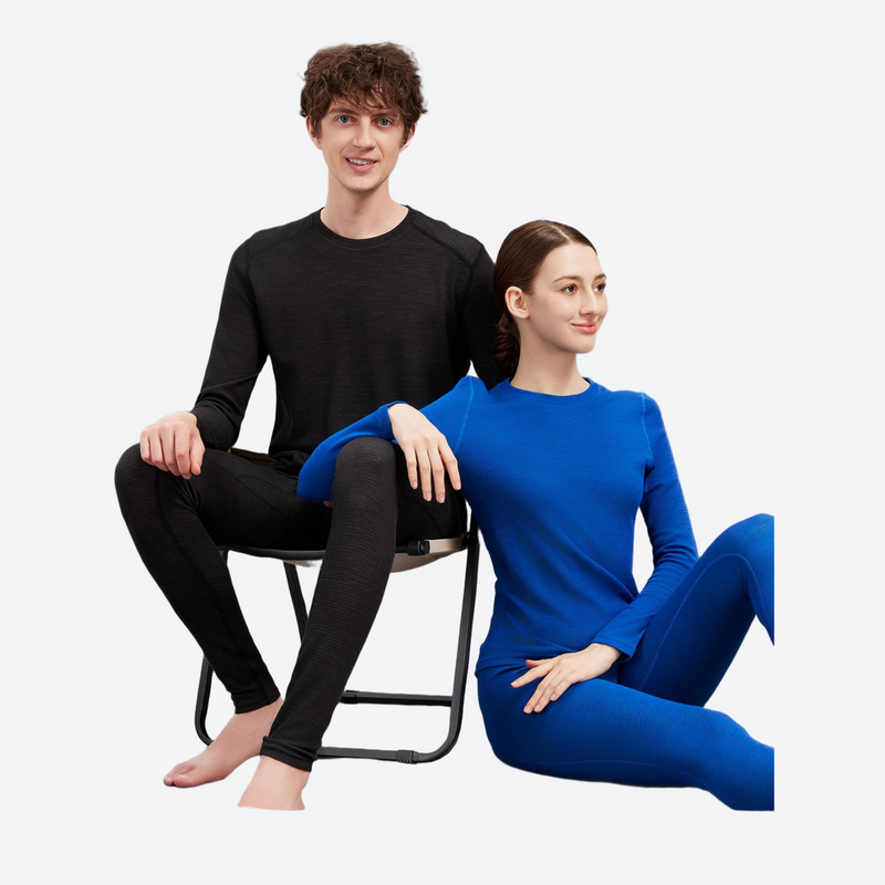 Breathable merino compression top and pants set - black and blue merino compression suit couple, for winter snow sports