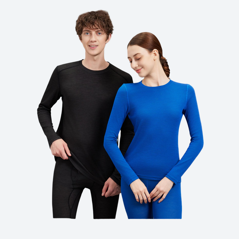 Warm merino wool baselayer suit for snow sports - black and blue merino compression suit couple, for cold-weather training