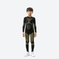 
                  
                    Kids breathable compression top and pants set - black olive kids compression base layer suit, front standing view on boy
                  
                