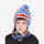 Knitted kids beanie facemask combo for snow days - blue shark print kids beanie with shark neckwarmer, worn front view