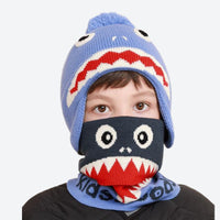 
                  
                    Kids winter hat neckwarmer set in shark and dinosaur - blue shark print kids beanie with black shark facemask
                  
                