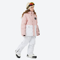 
                  
                    Kids snowboard jacket and pants with snow gaiters - pink white colorblock kids jacket with white pants
                  
                