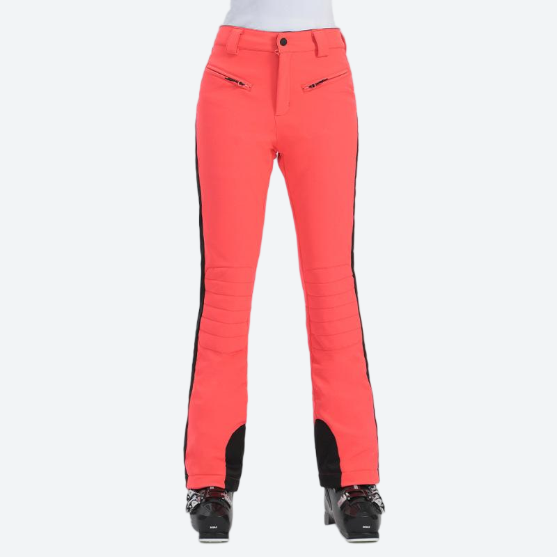 Women's slim waterproof ski trousers for resort - coral pink ski pants, front standing view, for skiing and snowboarding