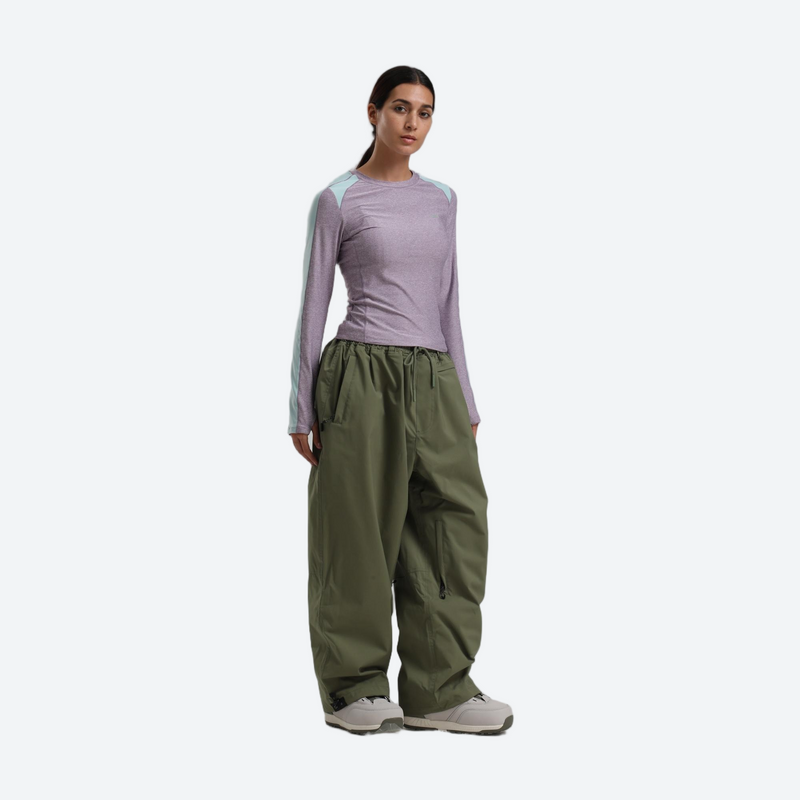 Women's breathable ski jacket set - lavender base layer top with olive green snow pants, for skiing and snowboarding