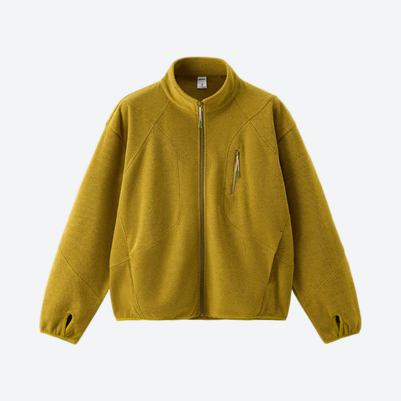 Warm textured fleece jacket with contrast zip - mustard honeycomb fleece jacket, for travel and daily commute