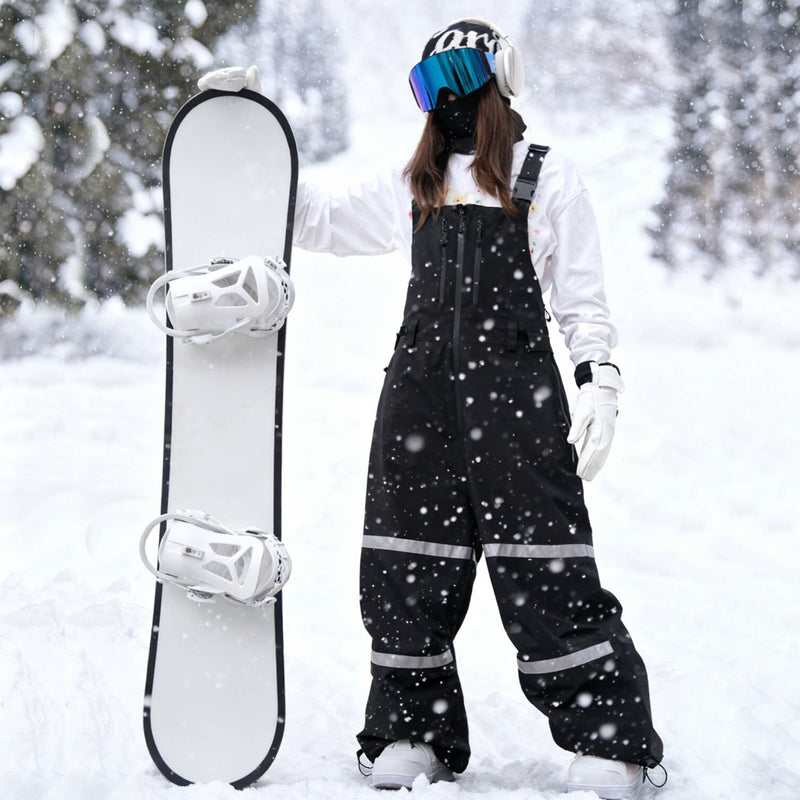 Breathable 3-layer suspender bibs with reflective trim - black bib pants with white top, for cold-weather winter sports