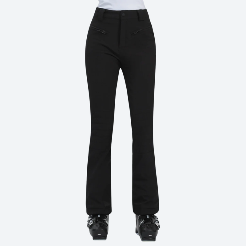 Women's adjustable ski pants with inner snow skirt - black ski pants, front standing view, for snow sports weekends