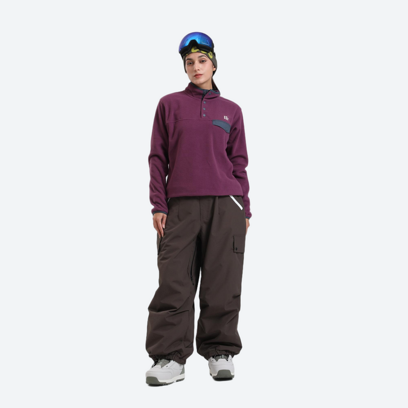 Waterproof 3L cargo snow pants - coffee brown snow pants with purple pullover, for cold-weather winter sports