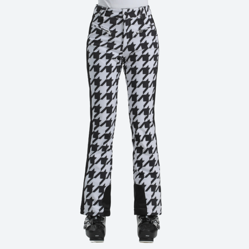 Women's adjustable ski pants with inner snow skirt - houndstooth ski pants with black side stripe, for resort ski days