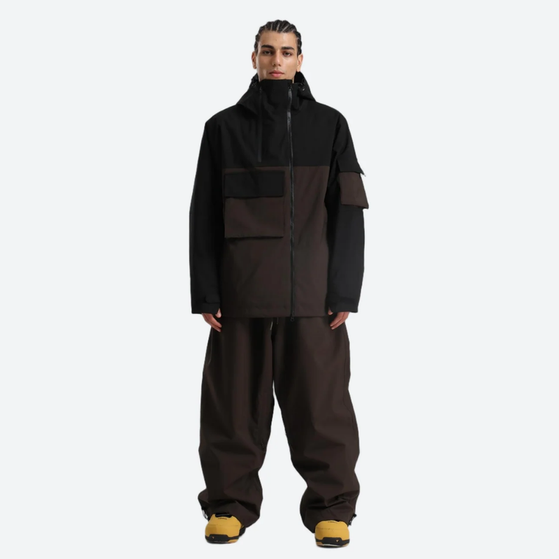 Men's colorblock ski pullover set - black and coffee brown colorblock jacket with coffee pants, on-model full-body front view