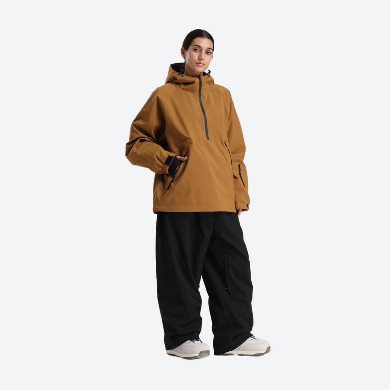 Women's 2-layer snowboard jacket and pants - caramel tan anorak jacket with black pants, roomy kangaroo pocket storage