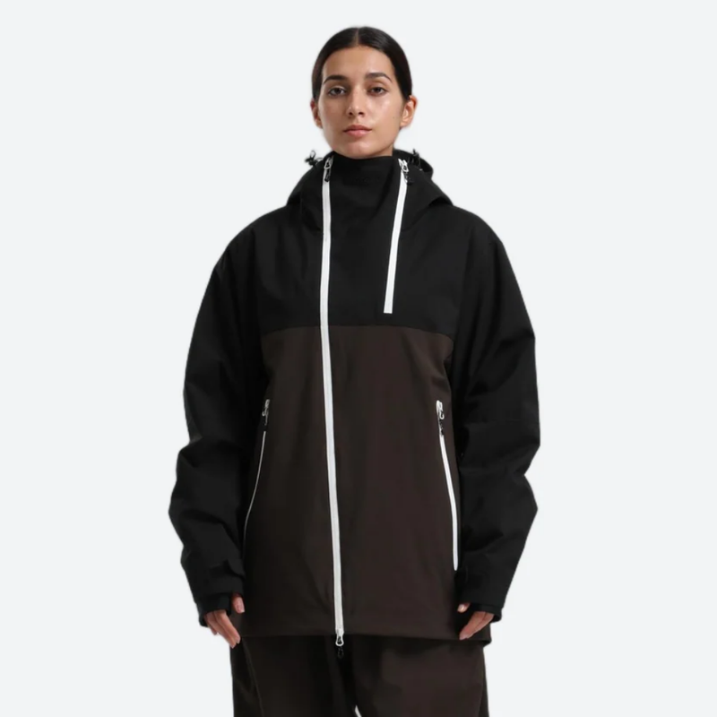 Women's colorblock ski jacket set - black and coffee brown colorblock, on-model front view, for cold-weather winter sports