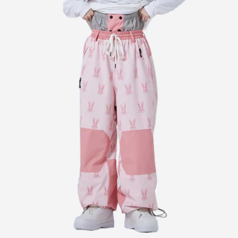 Women's waterproof 2L snow jacket and pants - pink rabbit print snow pants, for powder days and winter commute