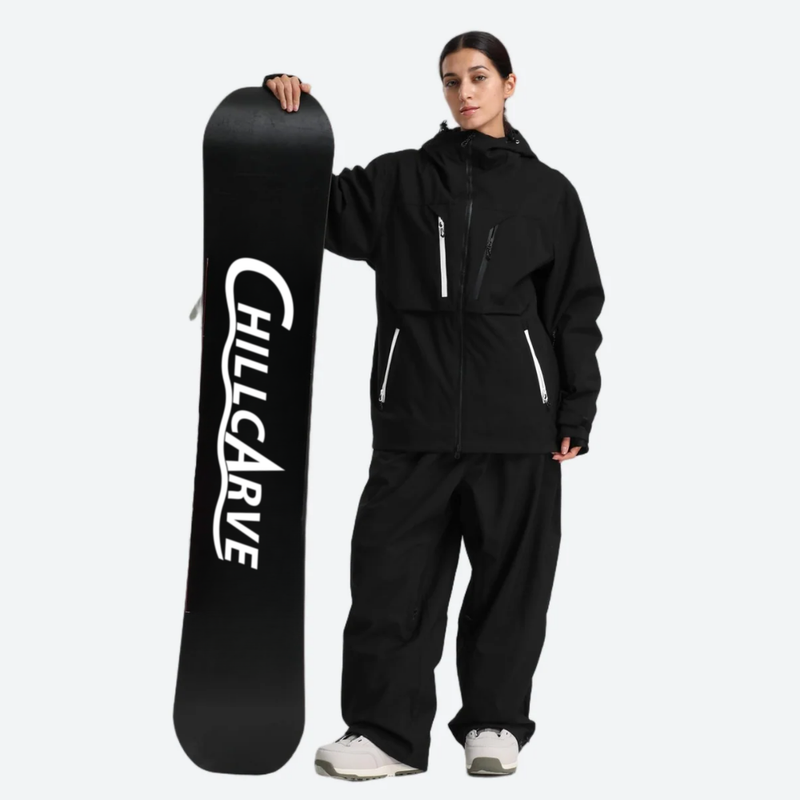 Women's breathable ski jacket with chest zip pockets - black jacket with black pants, for cold-weather winter sports