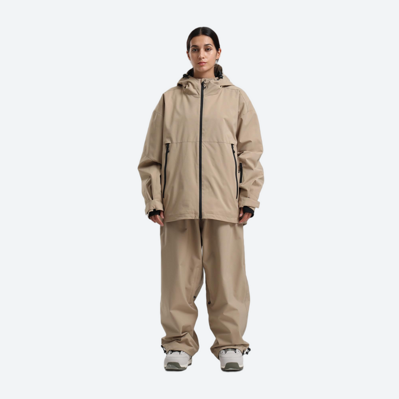 Women's waterproof 2L snow jacket and pants - tan jacket with tan pants, for cold-weather winter sports