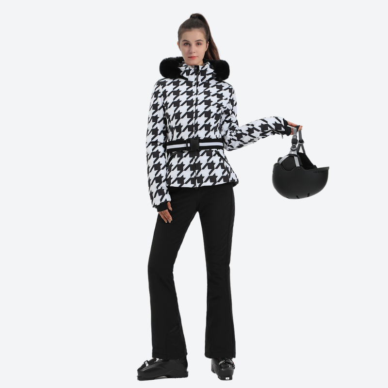 Women's waisted waterproof ski jacket - houndstooth slim fit ski jacket with fur collar, for snow sports weekends