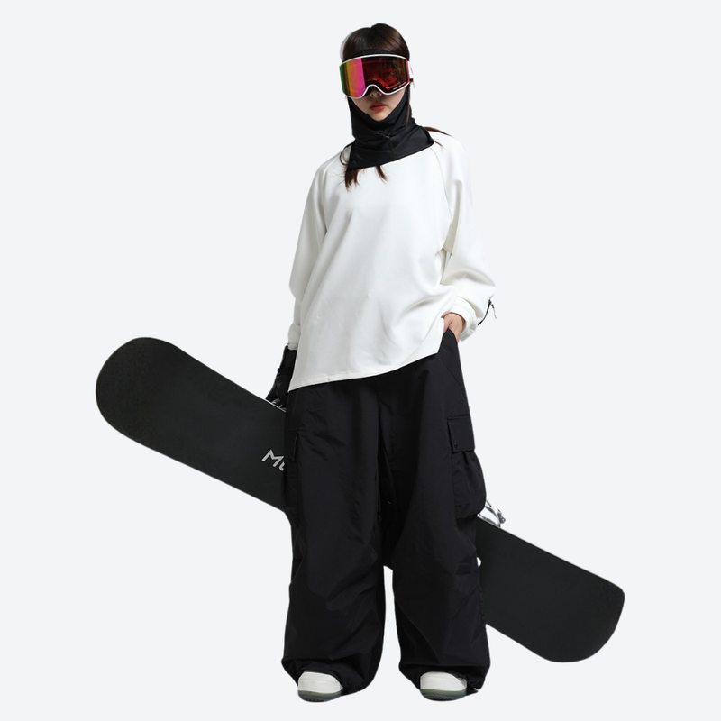 Men's adjustable snowboard cargo pants with gaiters - black cargo snow pants with white top, for powder and piste riding