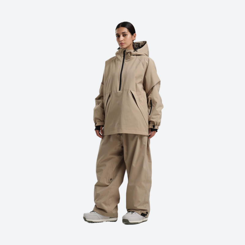 Women's waterproof 2L anorak snow jacket and pants - khaki tan anorak jacket with khaki pants, on-model front view