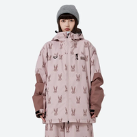 
                  
                    Women's waterproof 2L snow jacket and pants - pink brown rabbit print jacket with matching pants, on-model front view
                  
                