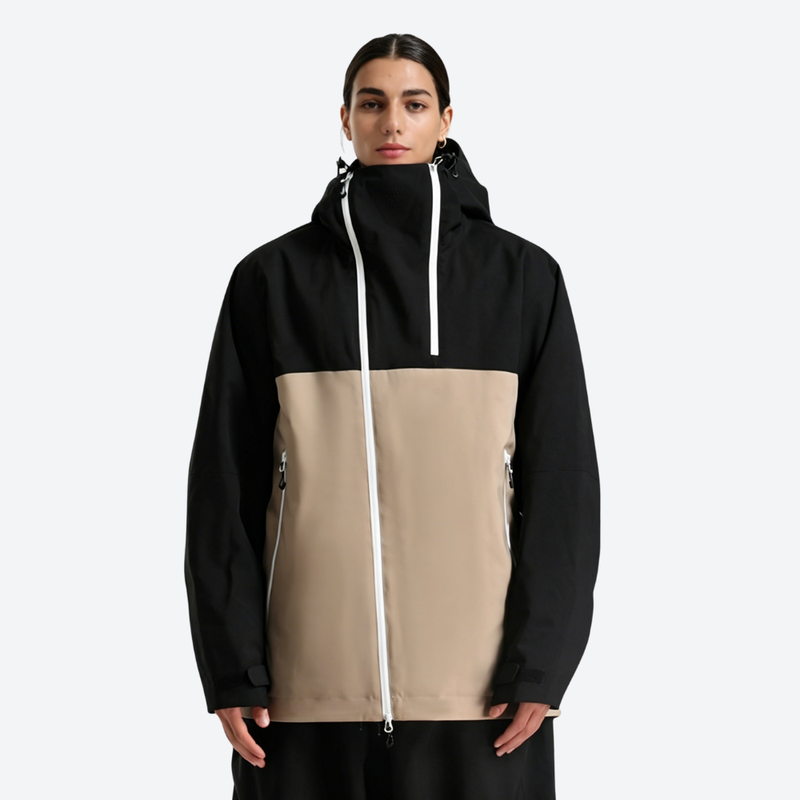 Women's breathable 2-layer snowboard jacket and pants - black and tan colorblock, for skiing and snowboarding