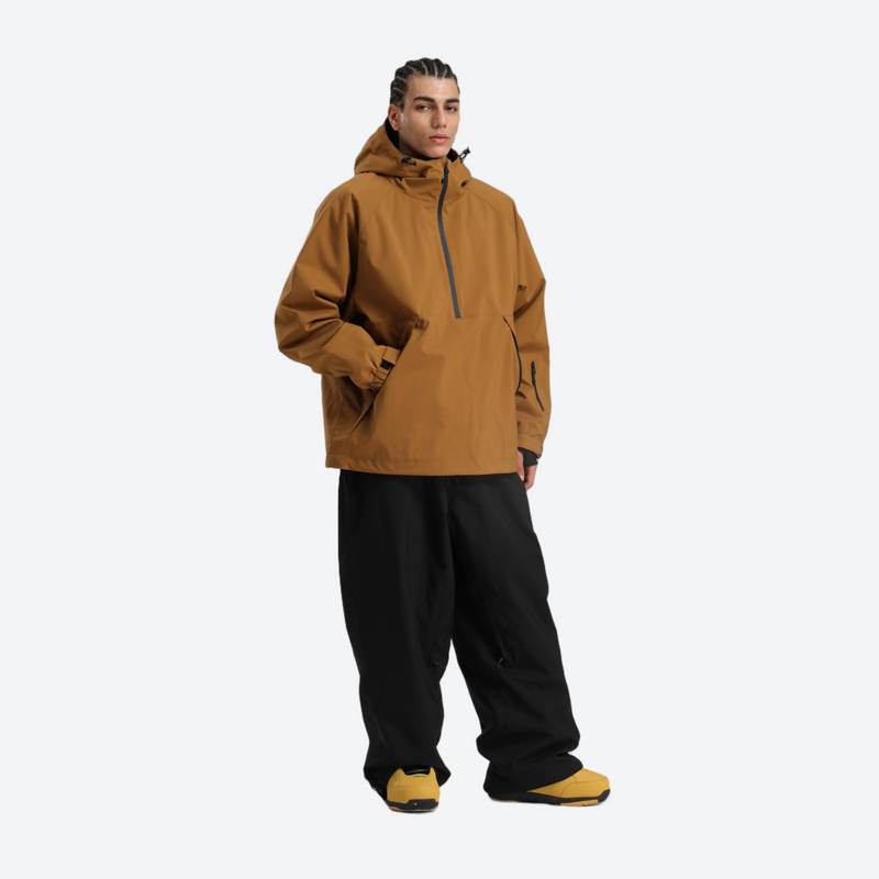 Men's waterproof 2L anorak snow jacket and pants - coffee brown jacket with black pants, for resort and street wear