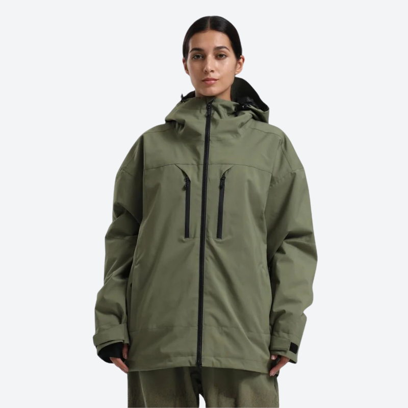 Women's waterproof 2L snow jacket and pants - olive green jacket, on-model front view, for cold-weather winter sports