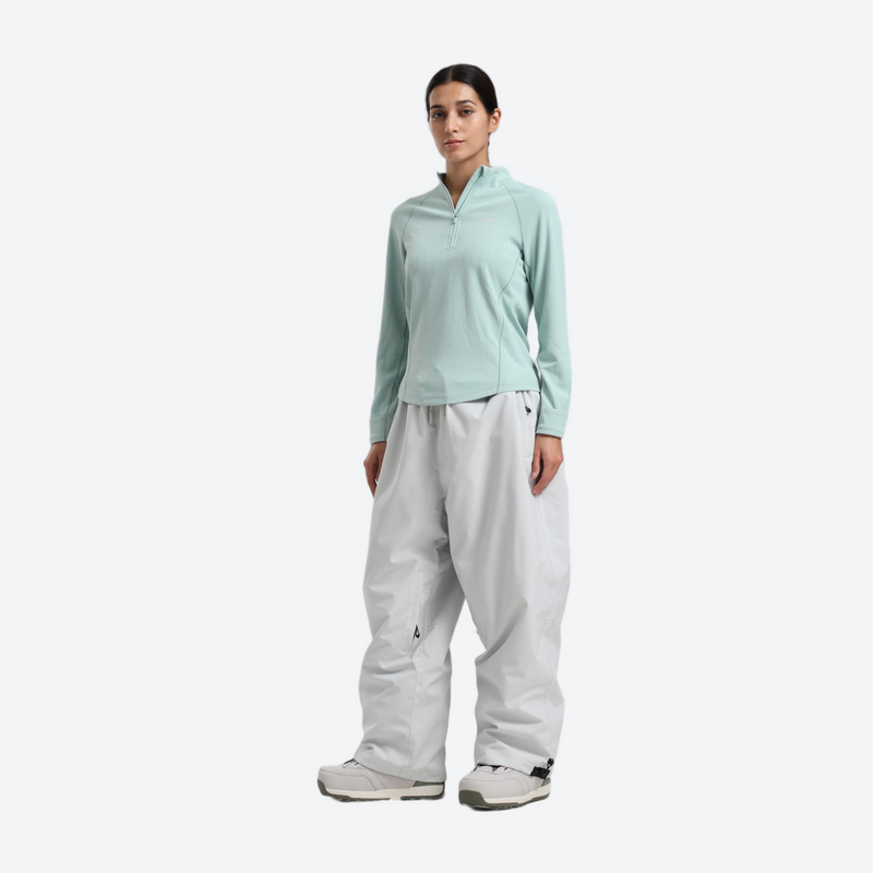 Women's breathable ski jacket set - mint base layer top with white snow pants, for cold-weather winter sports