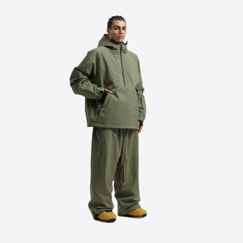 Men's breathable ski pullover set - olive green jacket with olive pants, for powder days and winter commute