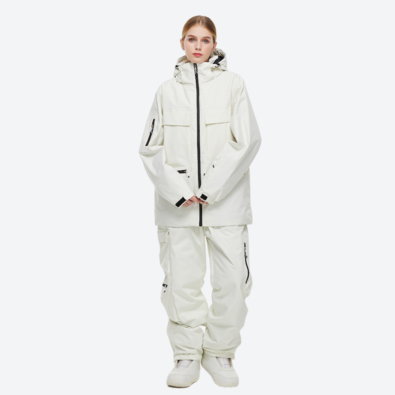Women's waterproof 2L snow jacket and pants - white jacket with white pants, for resort and street wear