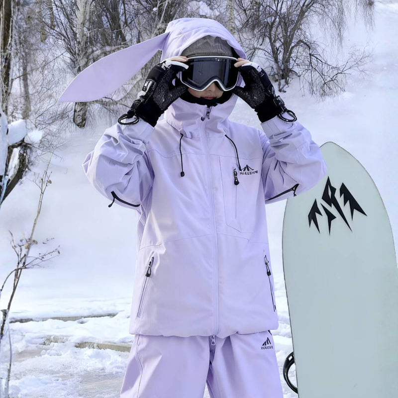 Women's quilted lining ski jacket with suspender bibs - lavender jacket with lavender pants