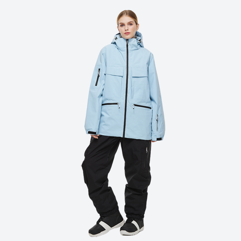 Women's 2-layer snowboard jacket and pants - ice blue jacket with black pants, for resort and street wear
