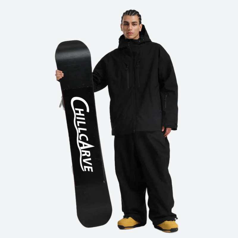 Men's breathable ski jacket with chest zip pockets - black jacket with black pants, for skiing and snowboarding