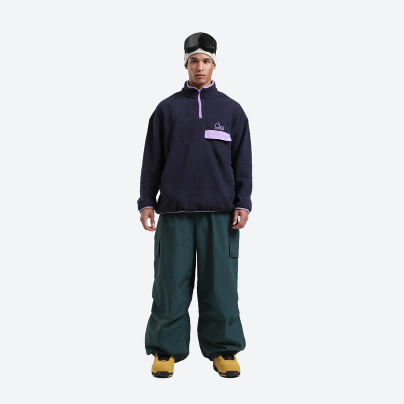 Unisex breathable wide-leg ski pants - dark green snow pants, on-model front view, for resort and street wear