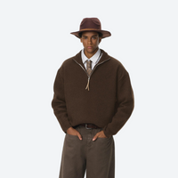 
                  
                    Unisex boxfleece half-zip sweatshirt - brown boxfleece half-zip sweatshirt on men with hat, for hiking and trail walking
                  
                